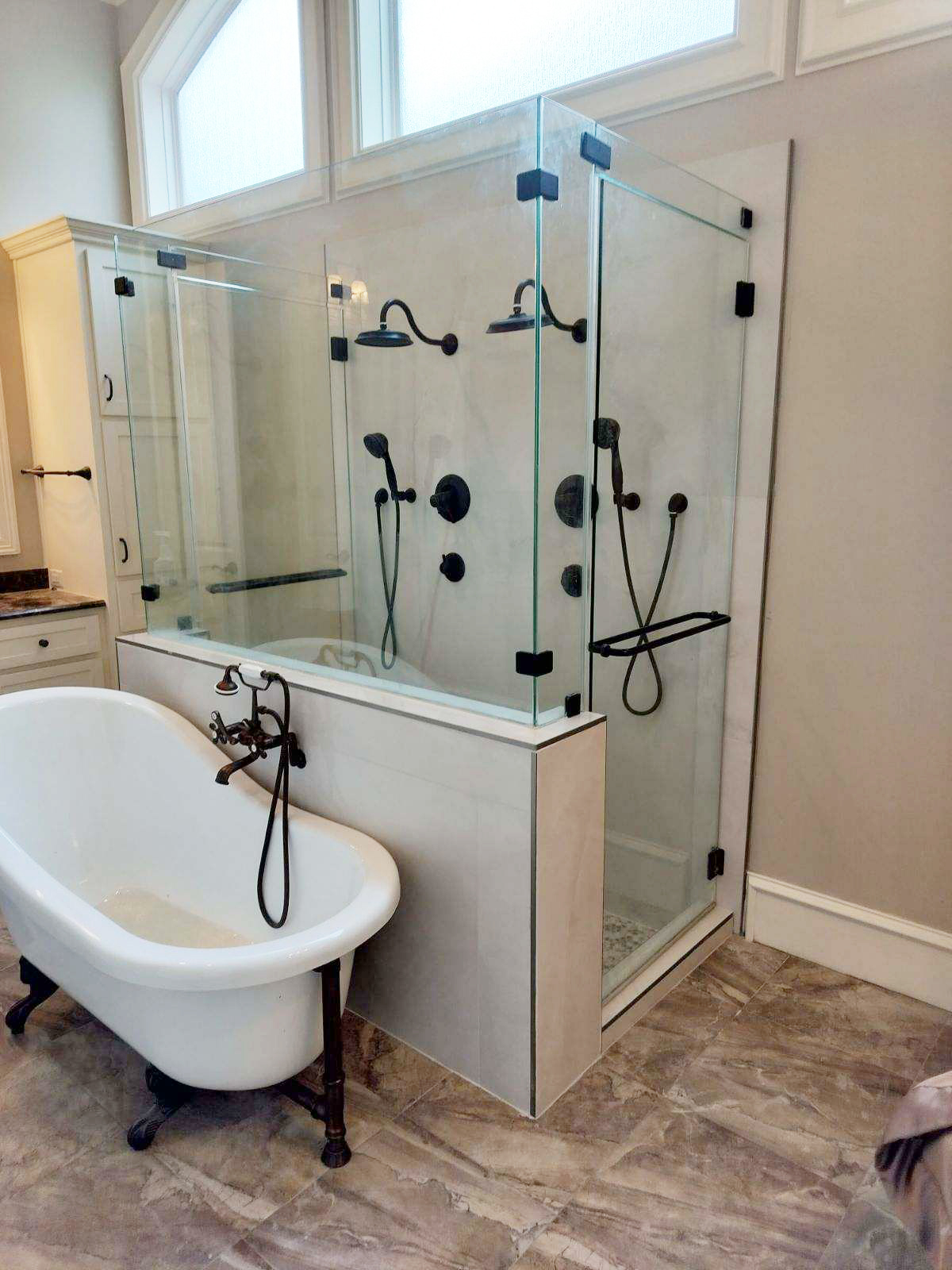 bathroom remodel, custom shower glass, tile flooring installation, wfa's custom hardwood floors, houston texas